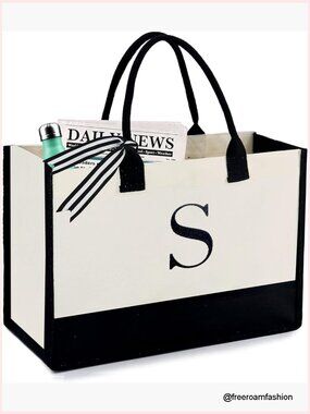 Large Canvas Tote Bag with Monogram Embroidery, Inner Zipper Pouch, Removable